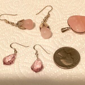 Rose Quartz and pink CZ Sterling earrings 2 pr and heart pendant set